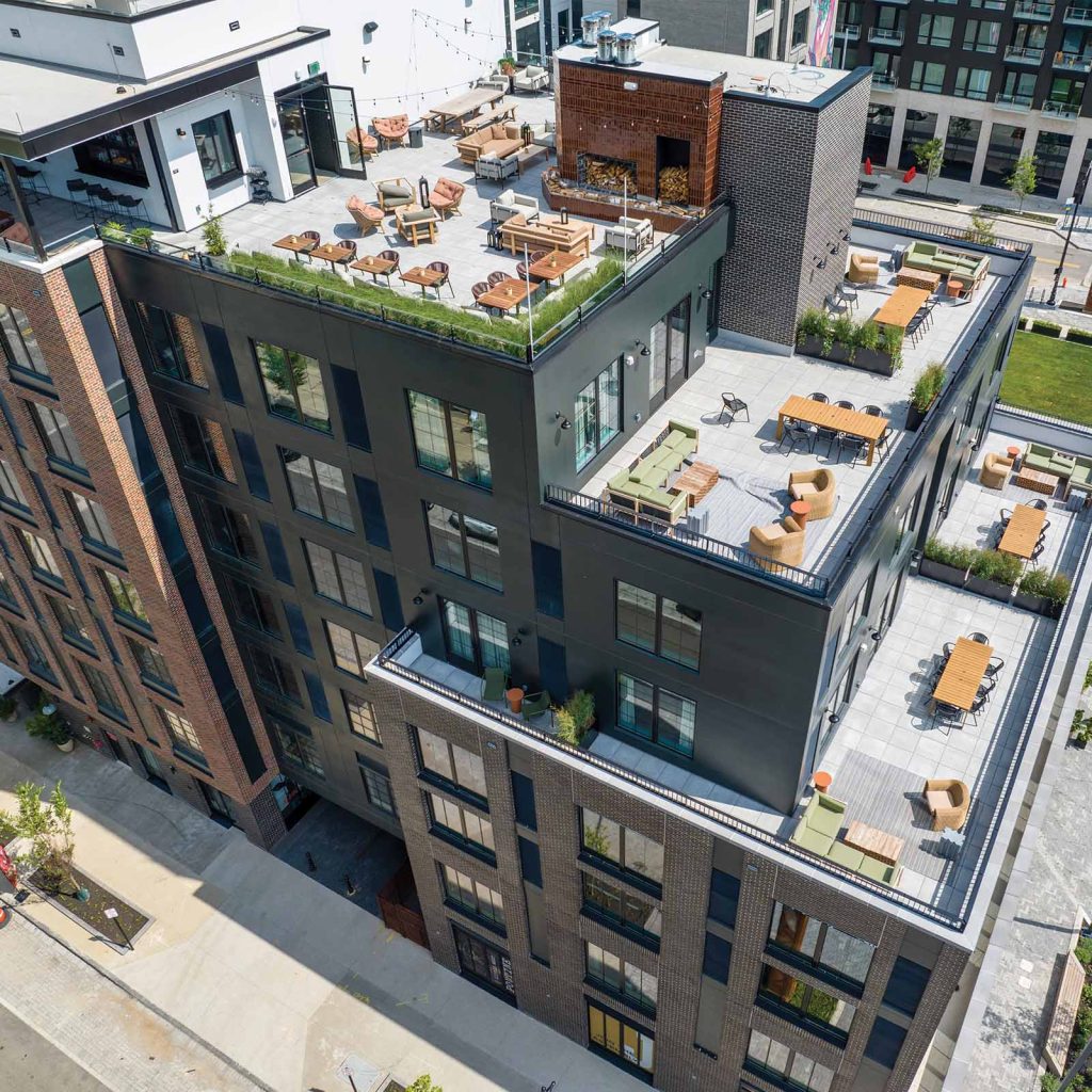 Aerial of the Junto Hotel's rooftop patios.