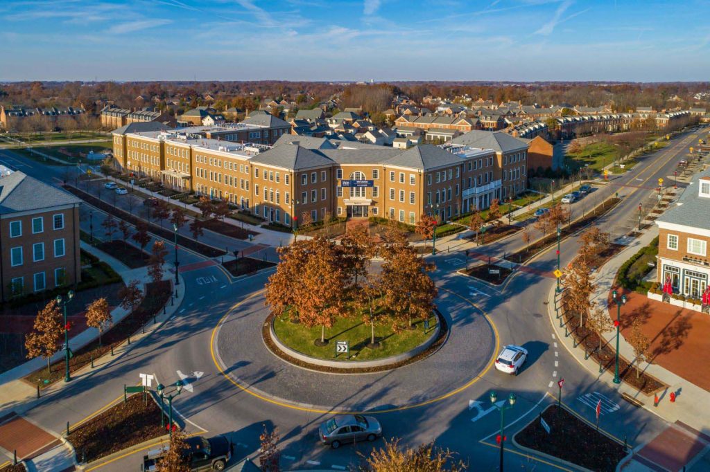 Aerial of New Albany Village Center apartments.